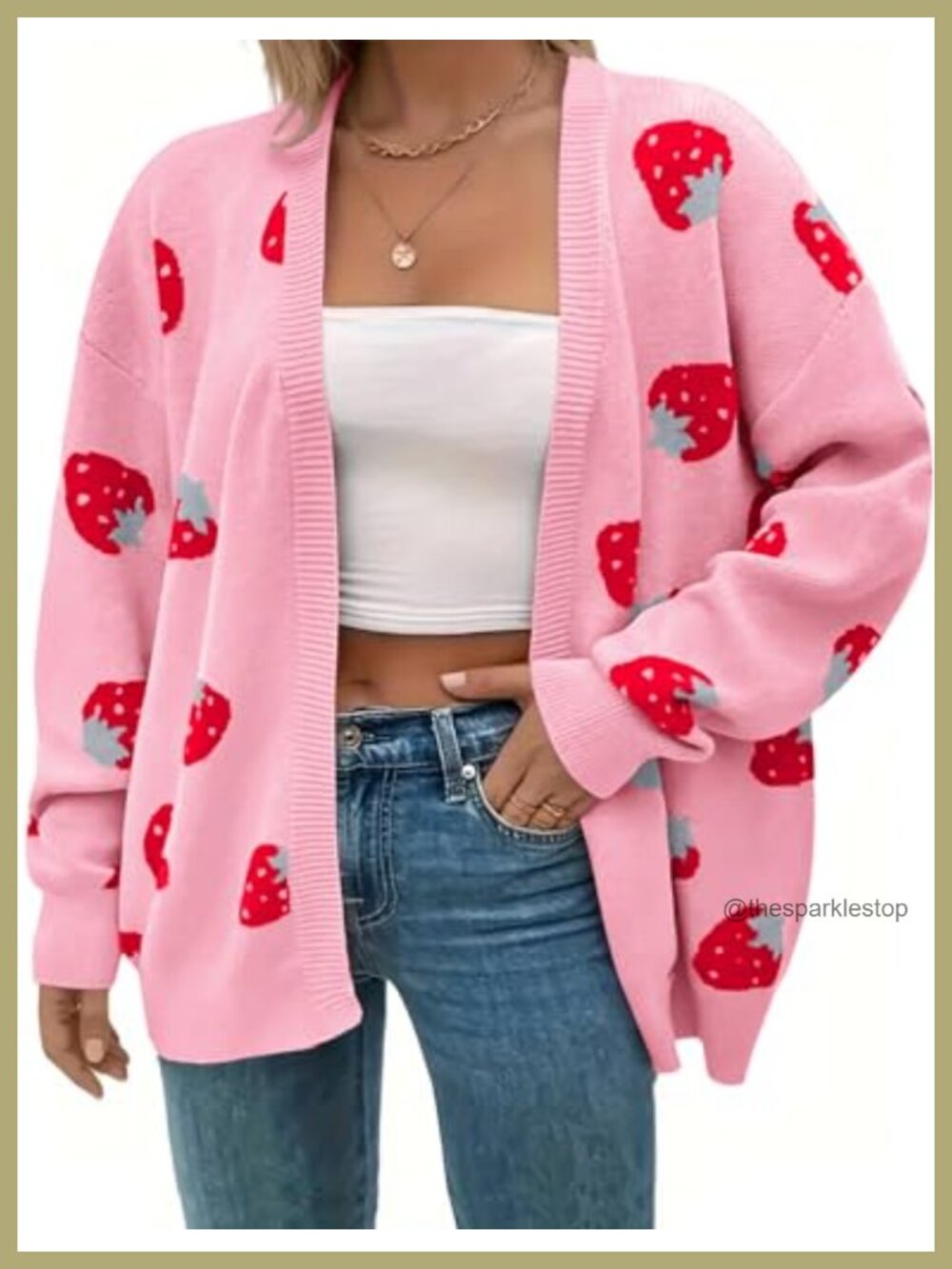 Women's Strawberry Floral Print Open Front Knit Cardigan Sweater